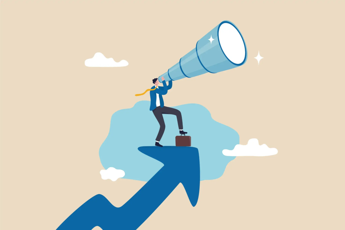Cartoon of businessman standing on top of upwards arrow with one foot resting on briefcase holding and looking through giant telescope angled upwards