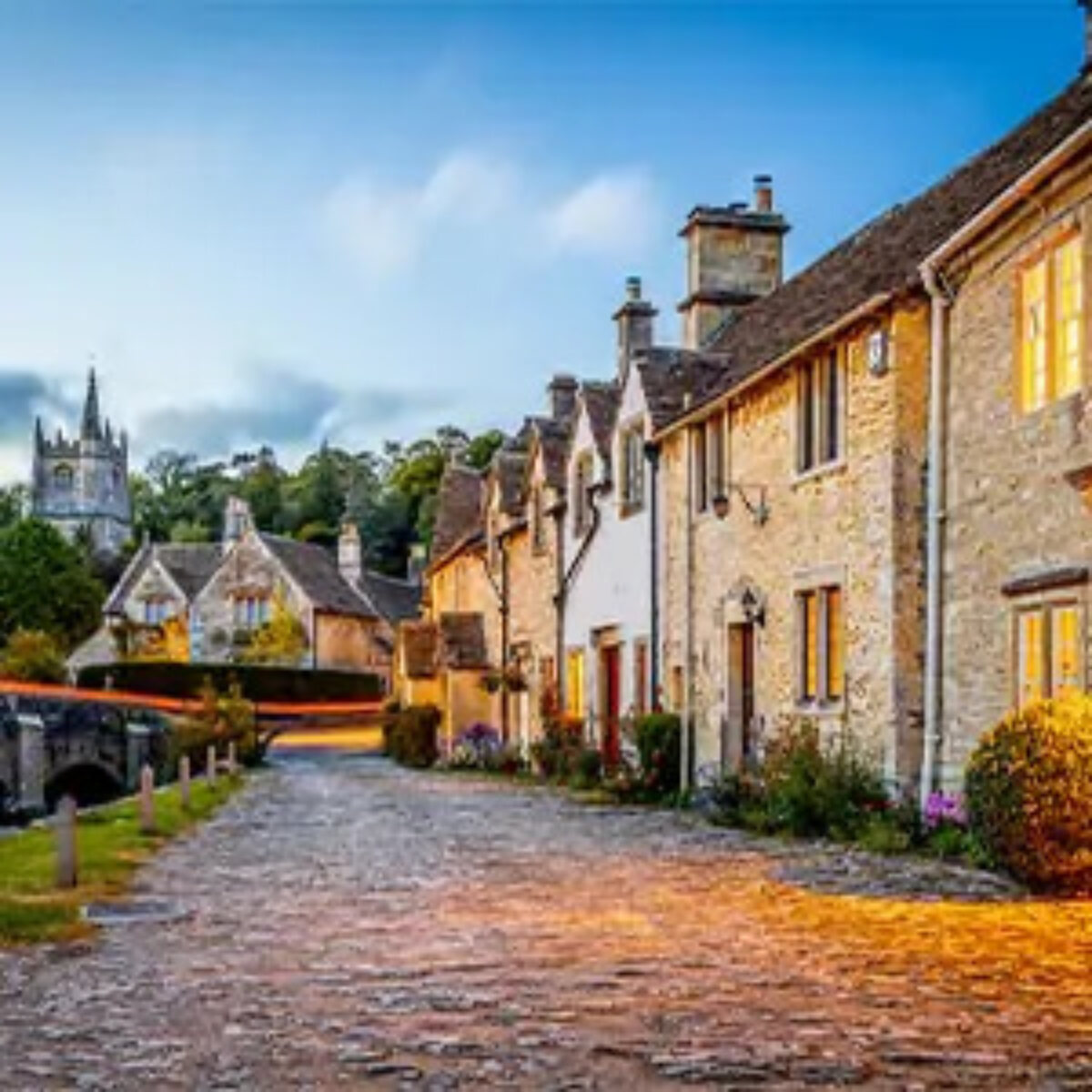 Cobbled street in small village in the evening