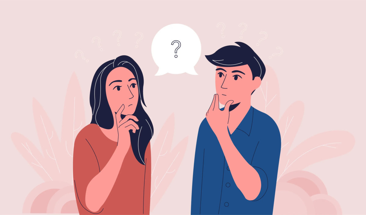 Cartoon of two people pondering with a question mark in a double speech bubble