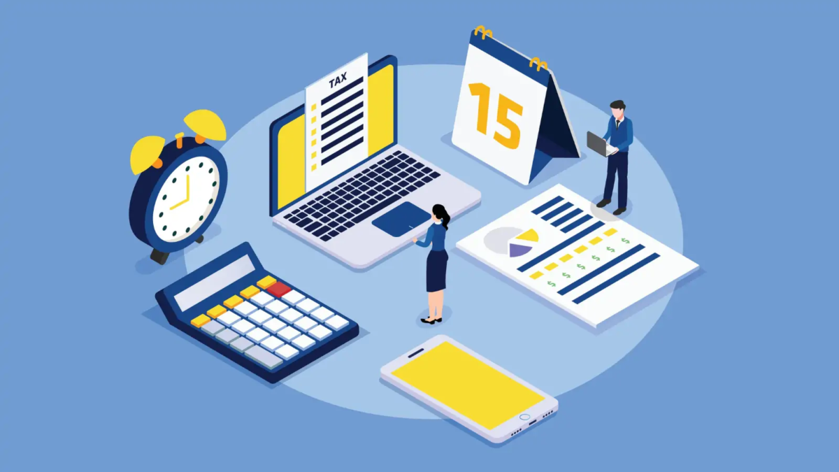 Cartoon of two miniature businesspeople surrounded by a laptop, calendar, document, smartphone, calculator and alarm clock