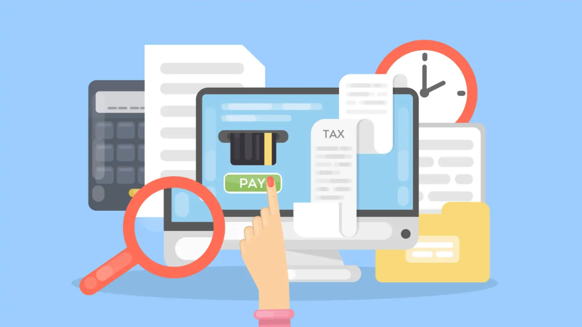 Cartoon of finger pointing at 'pay' button on computer screen surrounded by calculator, documents, receipt, clock and magnifying glass