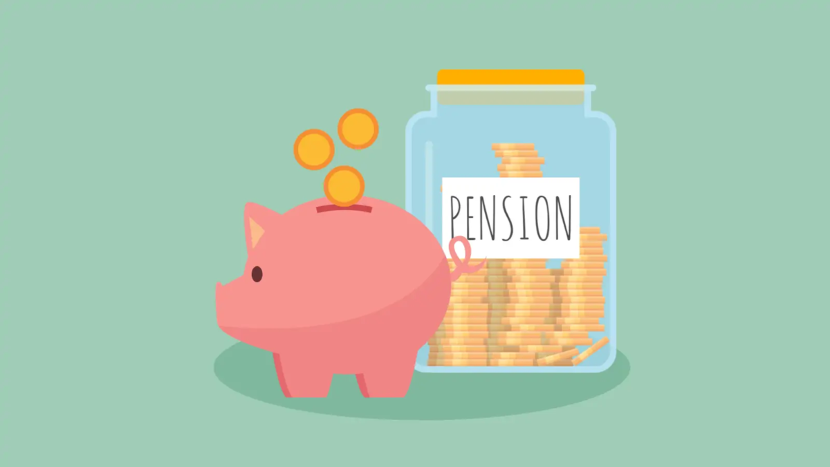 Cartoon of piggybank with three coins falling into slot and jar full of coins with 'pension' label on front