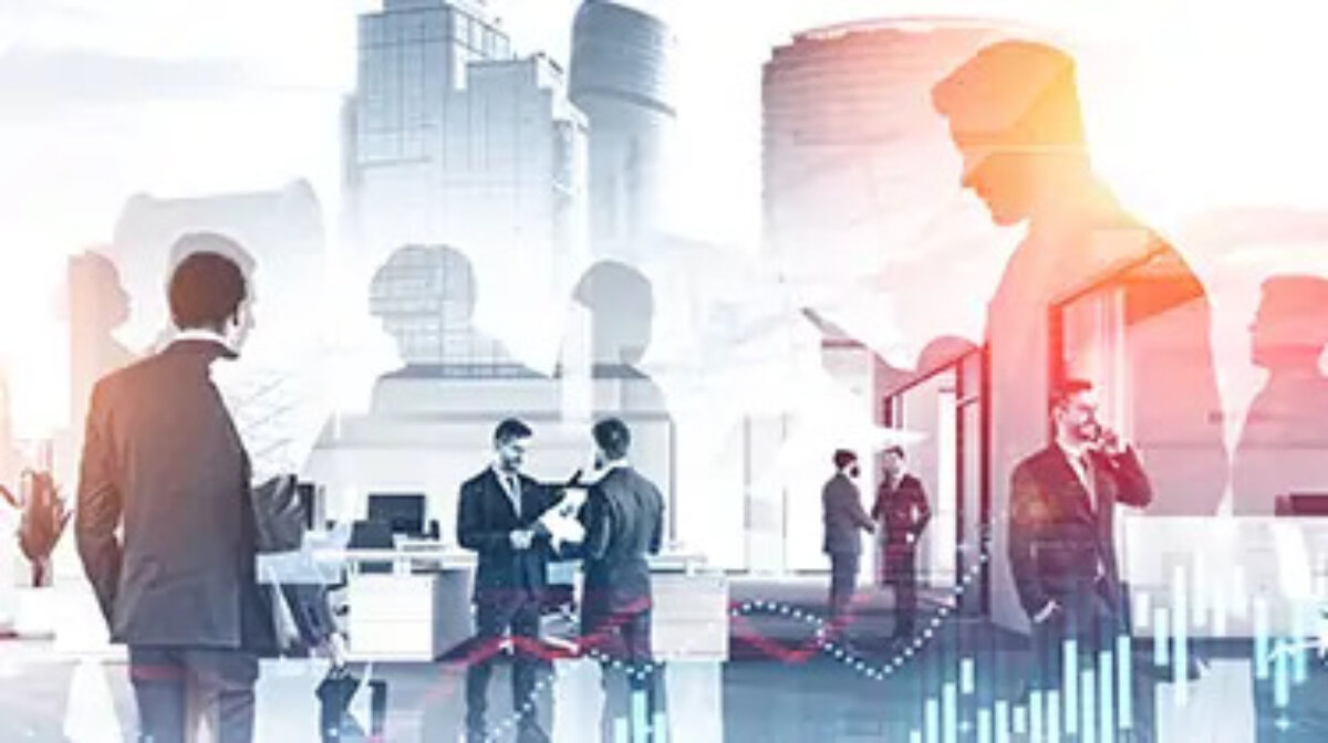 Montage of business people and skyscrapers
