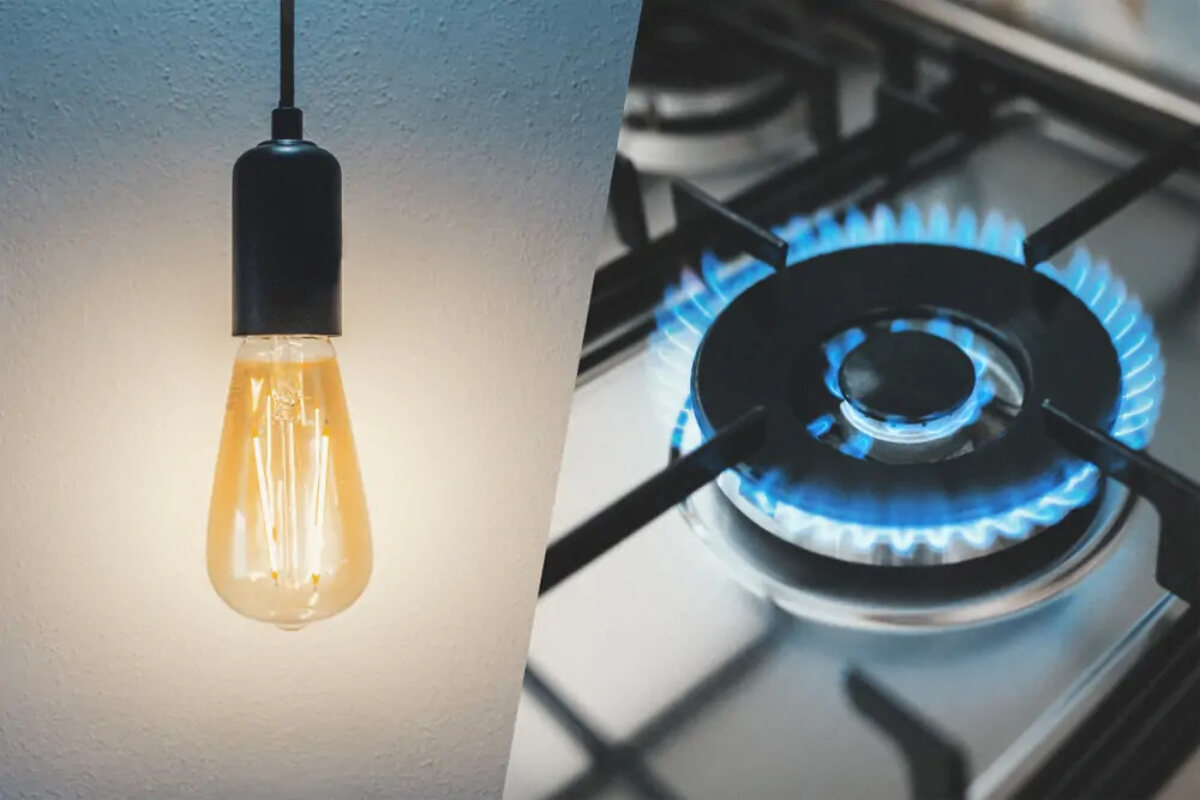 Image of naked lightbulb on left and lit gas hob ring on right