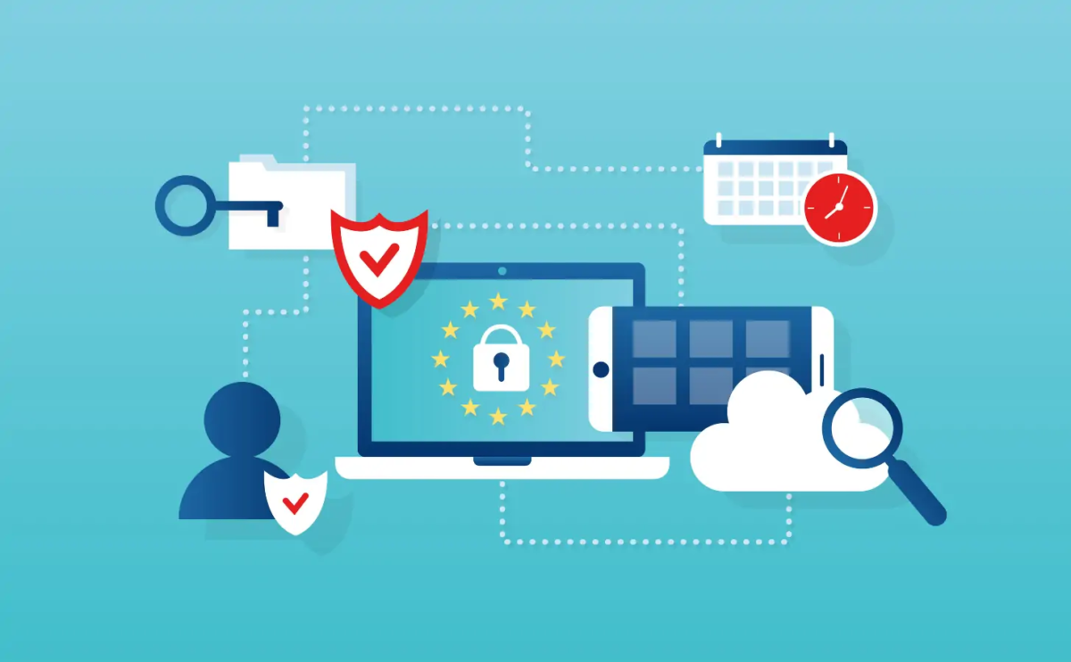 Cartoon of laptop screen with EU flag and padlock in centre of screen surrounded by digital security graphics