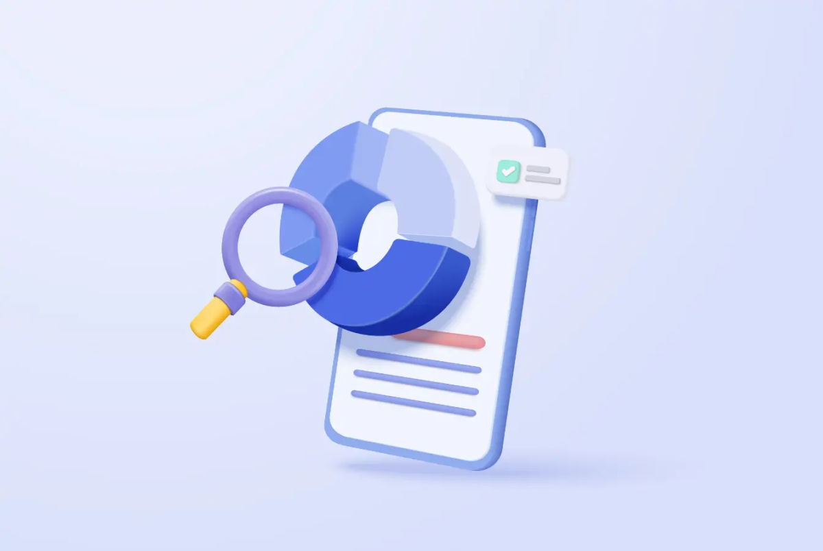 Cartoon of a magnifying glass over a 3D pie chart coming out of a phone screen