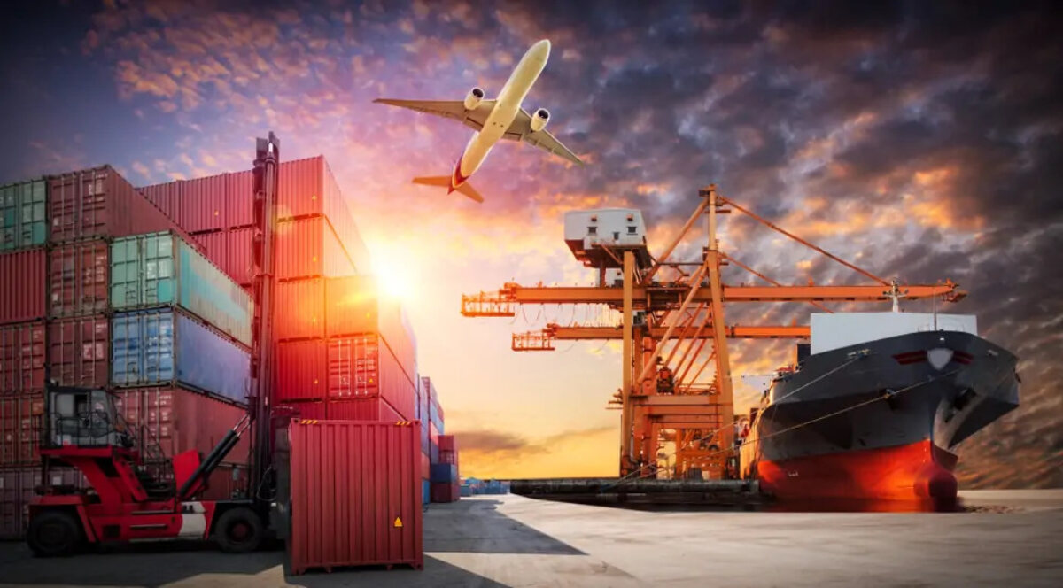 Montage of a commercial plane, cargo ship and containers at a port