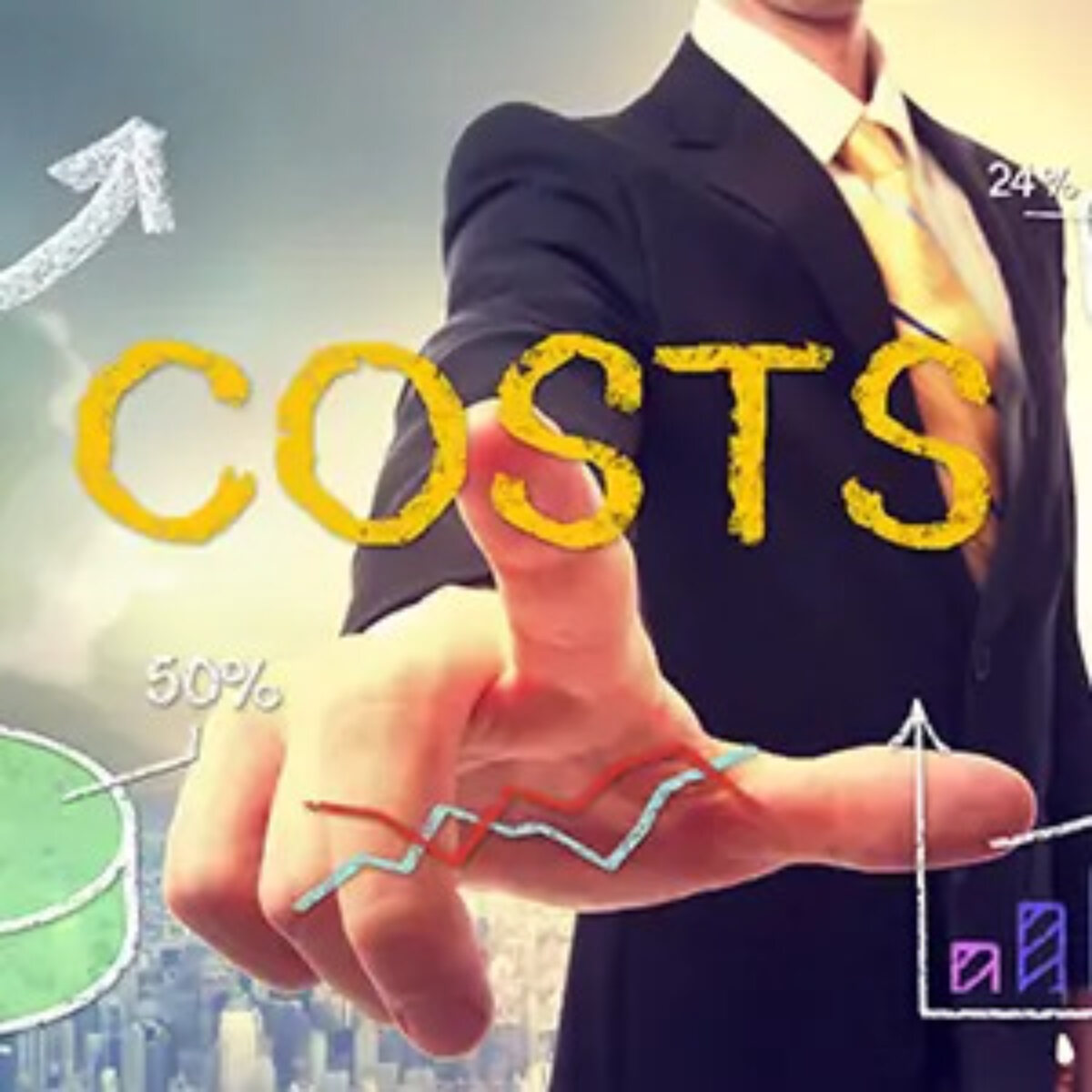 Businesswoman pointing at the word 'costs' surrounded by graph images