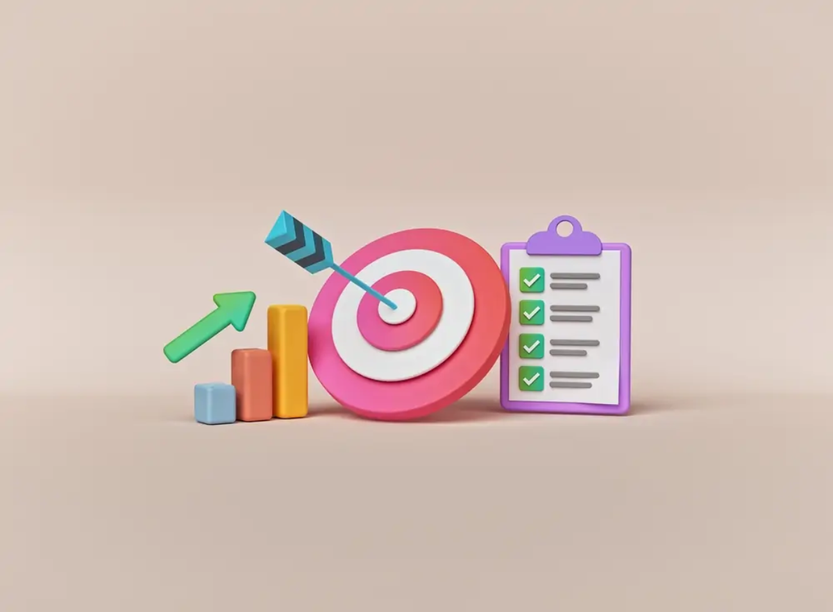 Cartoon of a target with an arrow in centre next to an increasing bar cart and a checklist on a clipboard