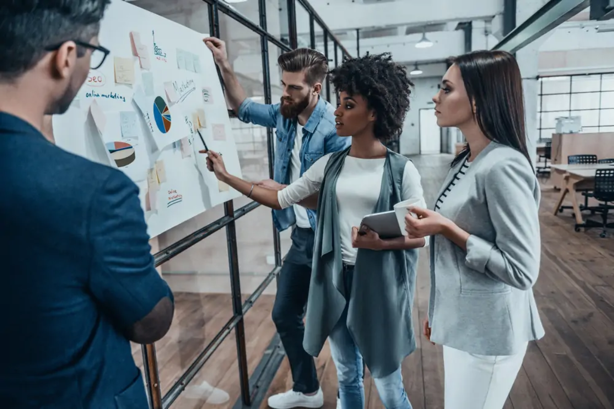 Businesspeople gathered around whiteboard in office with post-it notes and charts on it