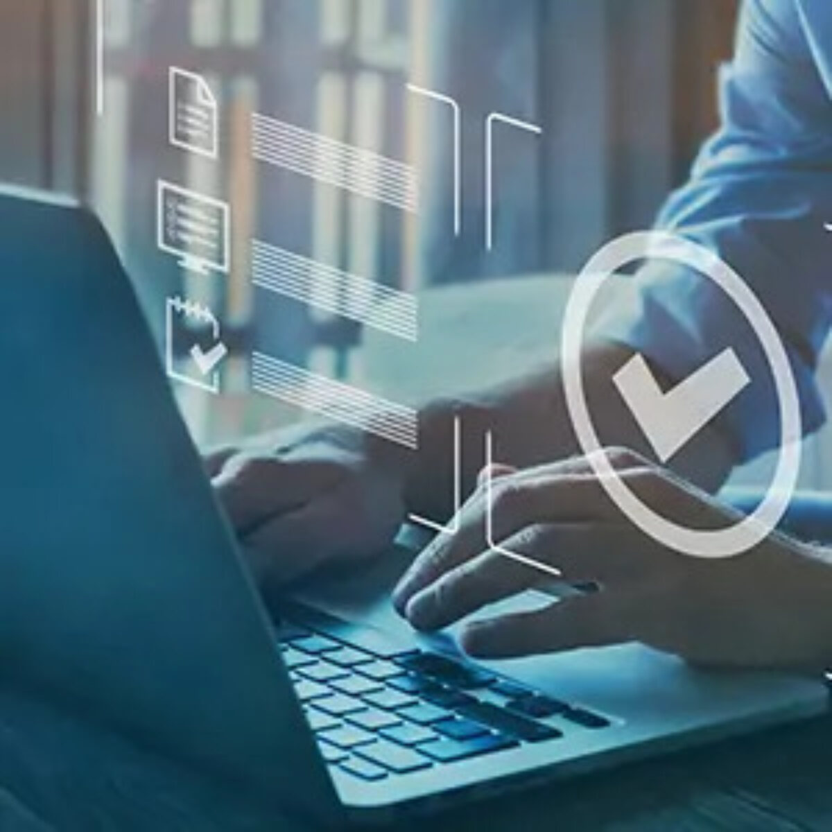 Businessman using laptop overlayed with checkbox and document images