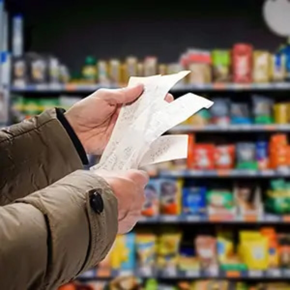 Shopper standing in aisle holding receipts