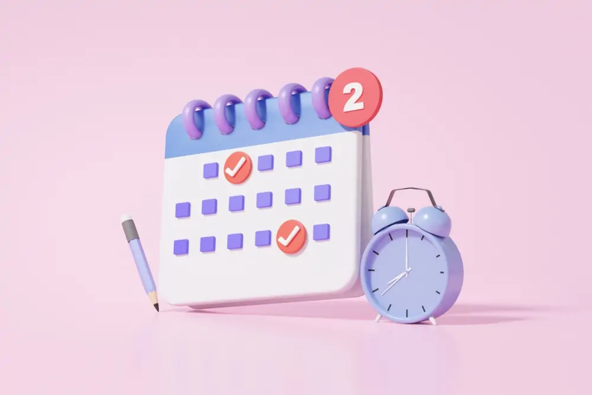 Cartoon of a calendar next to a pencil and alarm clock