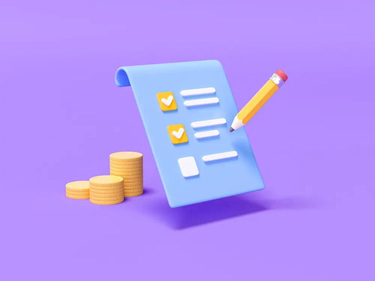 Cartoon of a floating checklist and pencil next to three stacks of coins