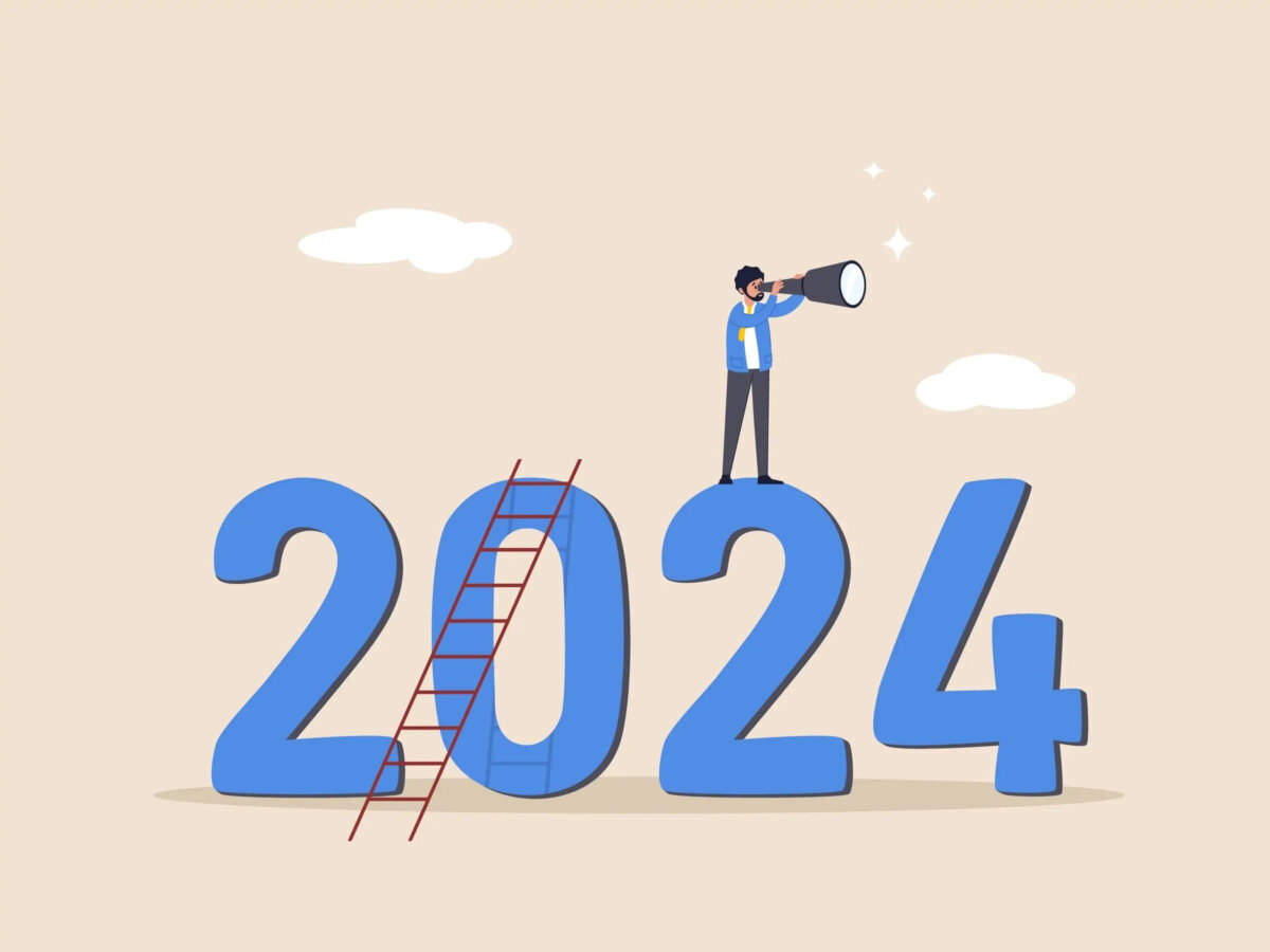 Cartoon of '2024' with a ladder propped against the zero and a businessman standing on top of the second two looking through a telescope to the right