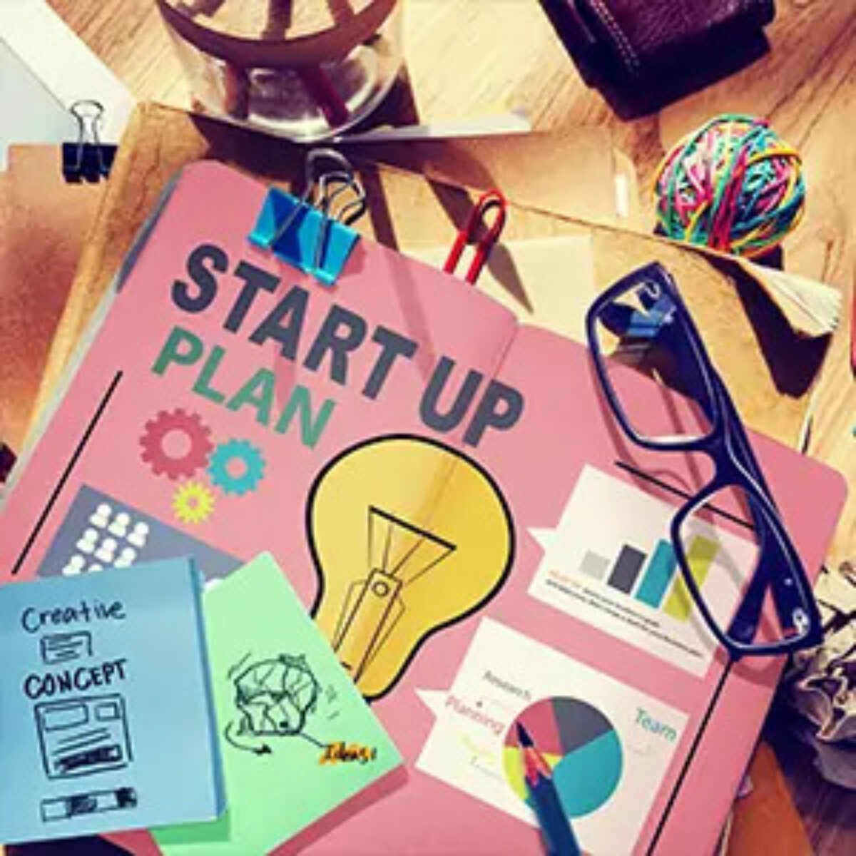Colourful document titled 'start up plan' with pictures of a lightbulb, cogs and graphs on cover, on desk surrounded by post-it notes, elastic bands, paperclips, and a pair of glasses
