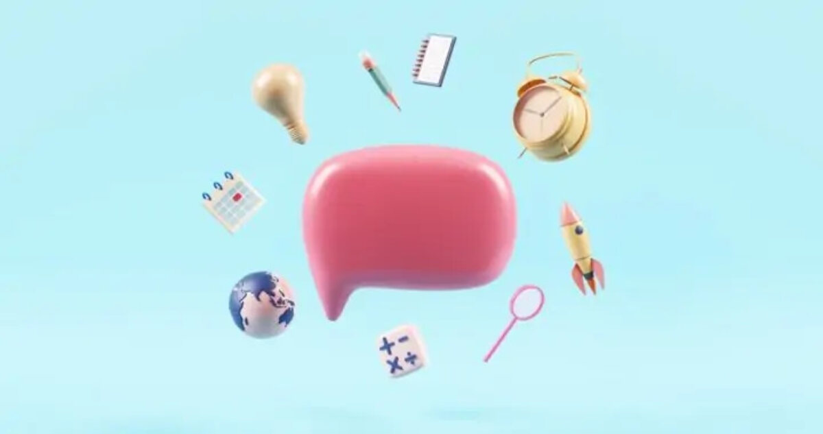 Cardoon of pink speech bubble surrounded by a lightbulb, pencil and notebook, alarm clock, rocket, magnifying glass, calculator symbols, globe, and calendar