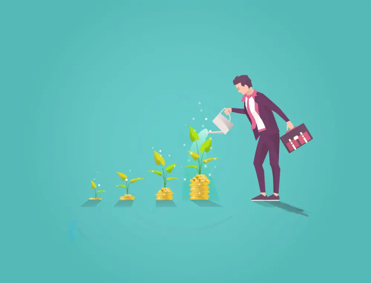 Cartoon of businessman holding briefcase in one hand and watering can in other watering a plant sprouting from a pile of gold coins, the tallest one at the end of an increasingly tall row of four
