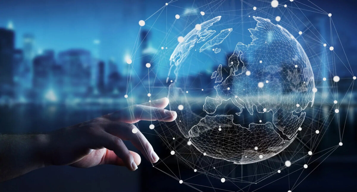 Hand touching image of global network