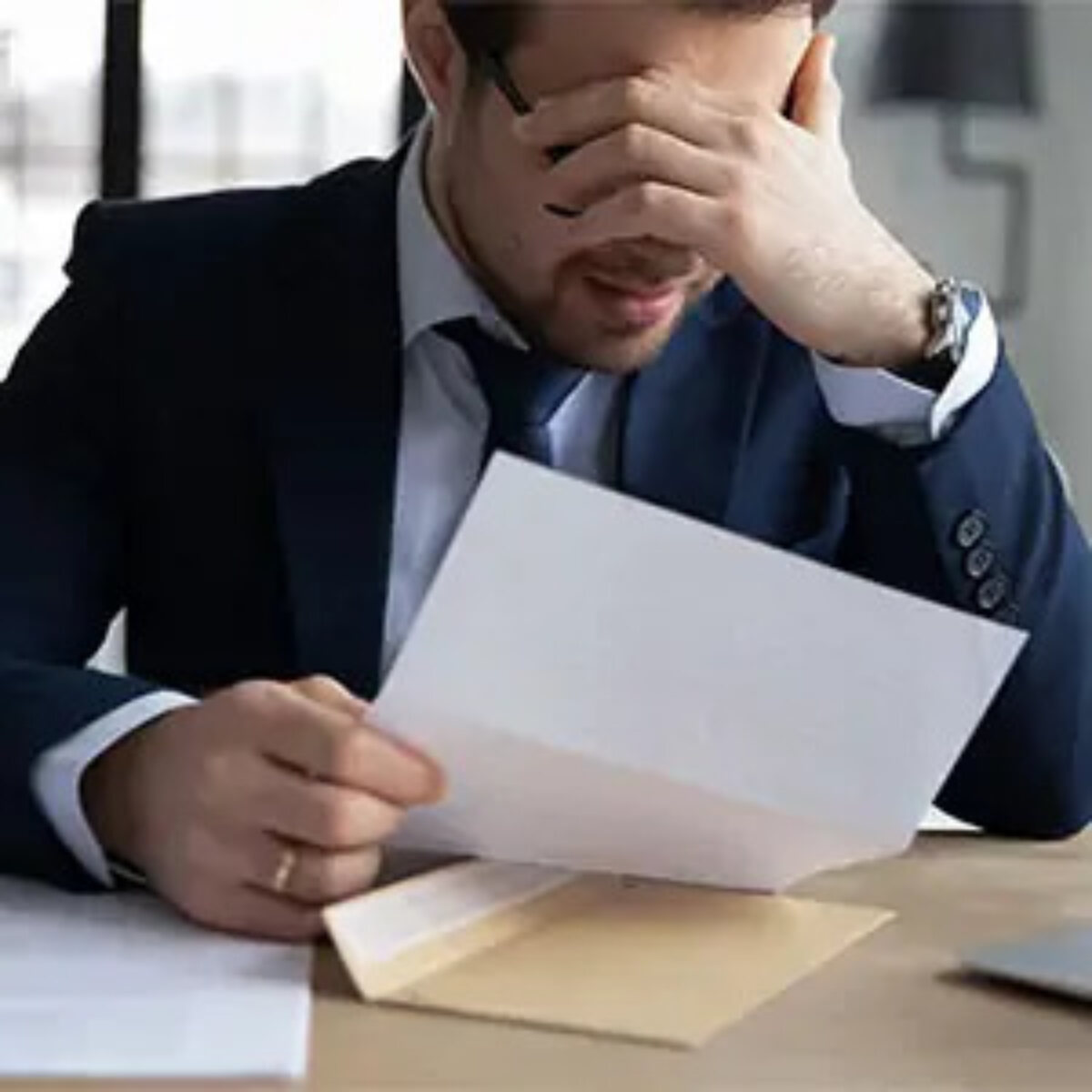 Businessman at desk reading letter with hand on brow