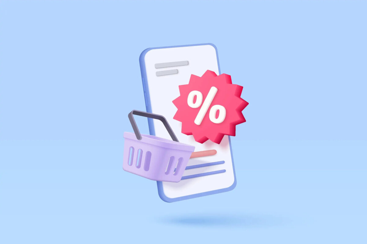 Cartoon of a floating smartphone with a shopping basket and a percentage symbol tag in front
