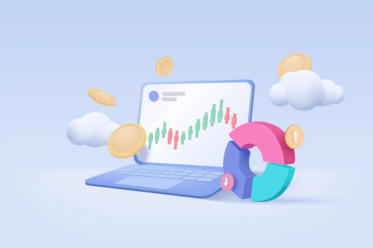 Cartoon of laptop with graph on screen and pie chart outside of screen and coins and clouds floating around