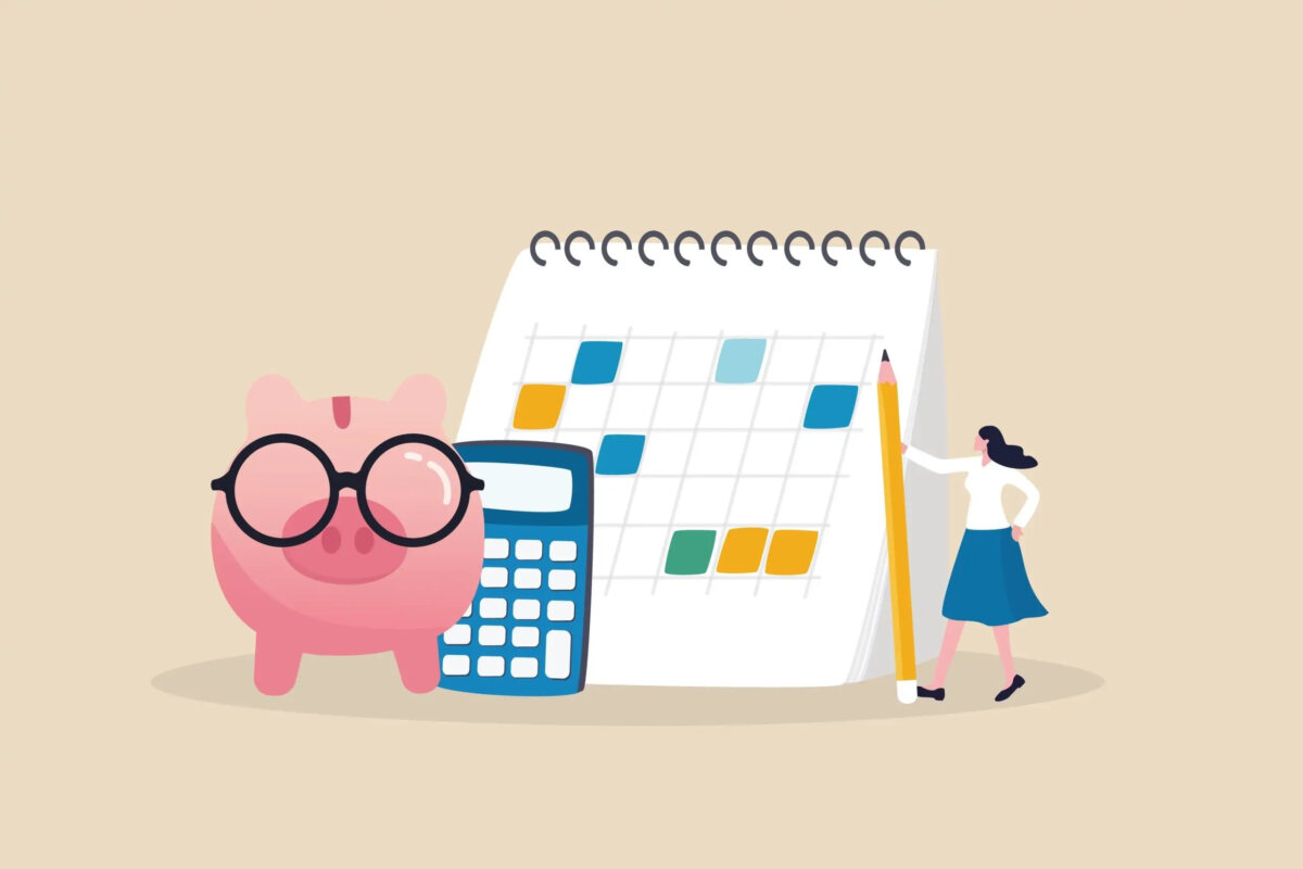Cartoon of a piggy bank wearing glasses next to a calculator, calendar, and miniature businesswoman holding a pencil