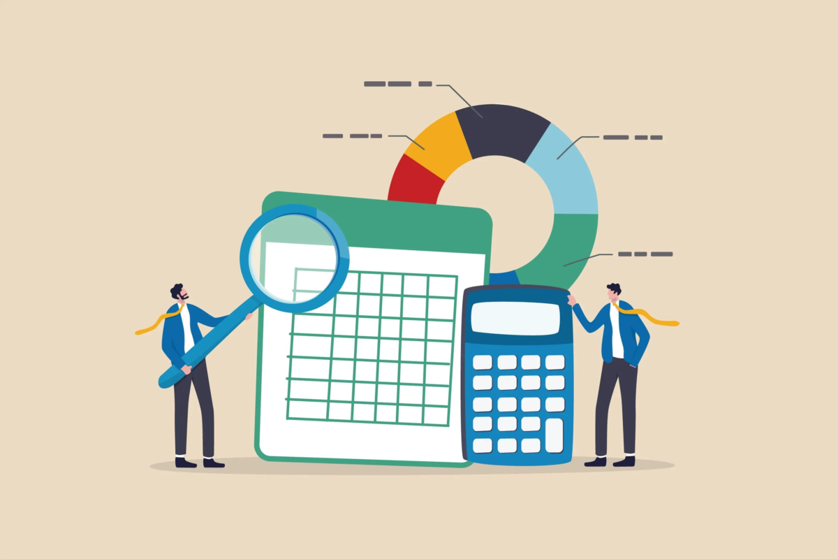 Cartoon of two miniature businessmen, one with his hand on the corner of a calculator, one holding a magnifying glass to a document, and a pie chart behind