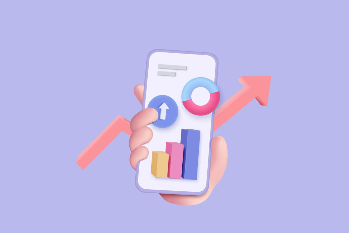 Cartoon of hand holding smartphone with graphs and charts on screen and upwards arrow behind