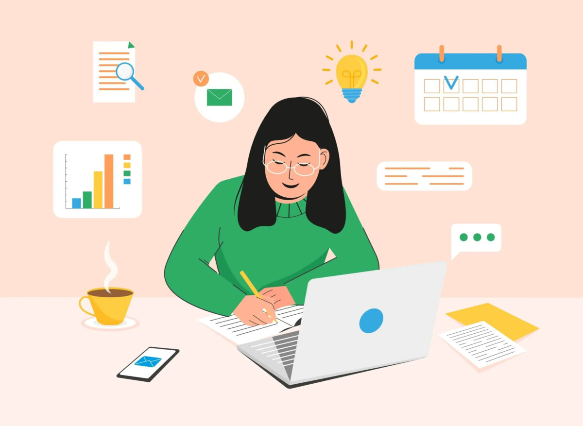Cartoon of businesswoman sitting at desk writing in notebook in front of open laptop, surrounded by technology and chart graphics