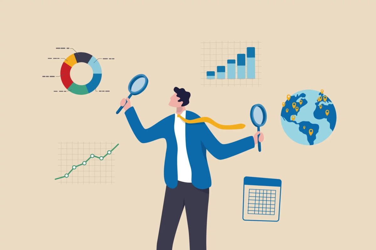 Cartoon of businessman holding up two magnifying glasses surrounded by graphs and charts