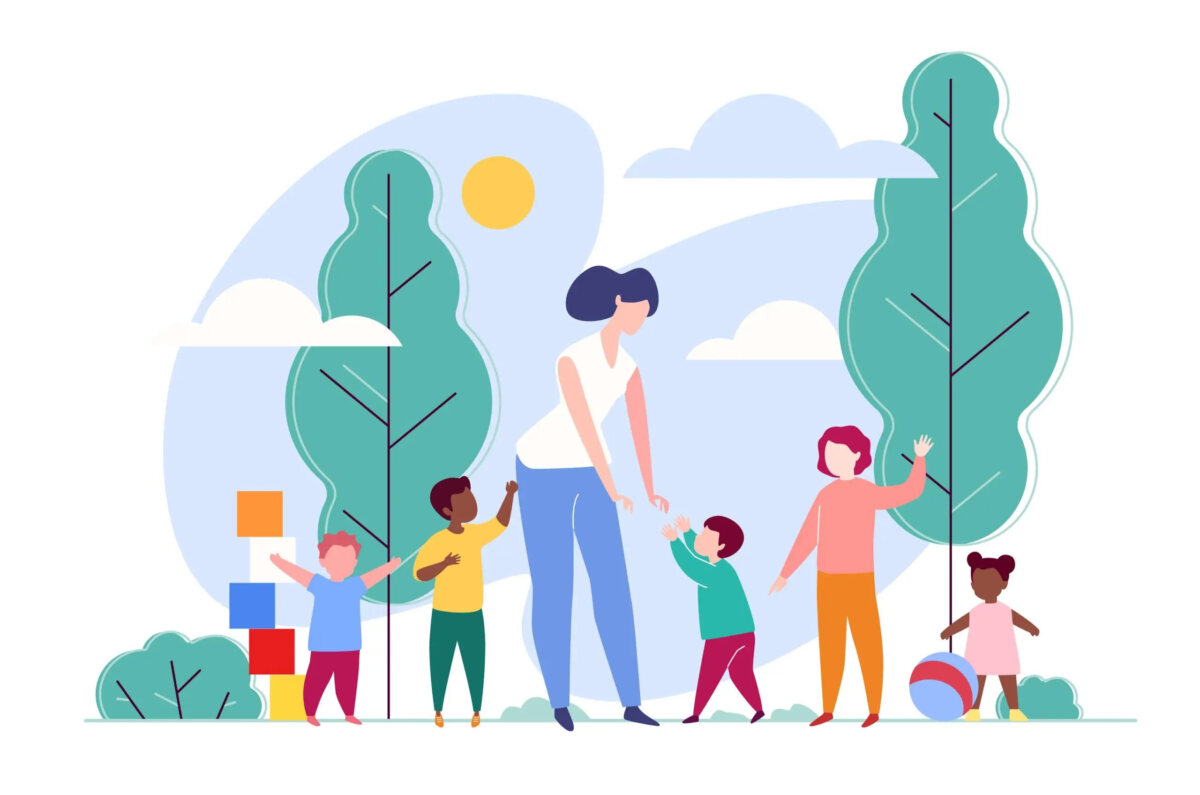 Cartoon of woman and five children playing with toys in park