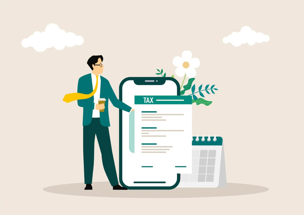 Cartoon of miniature businessman standing next to smartphone with tax document coming out of screen and calendar behind