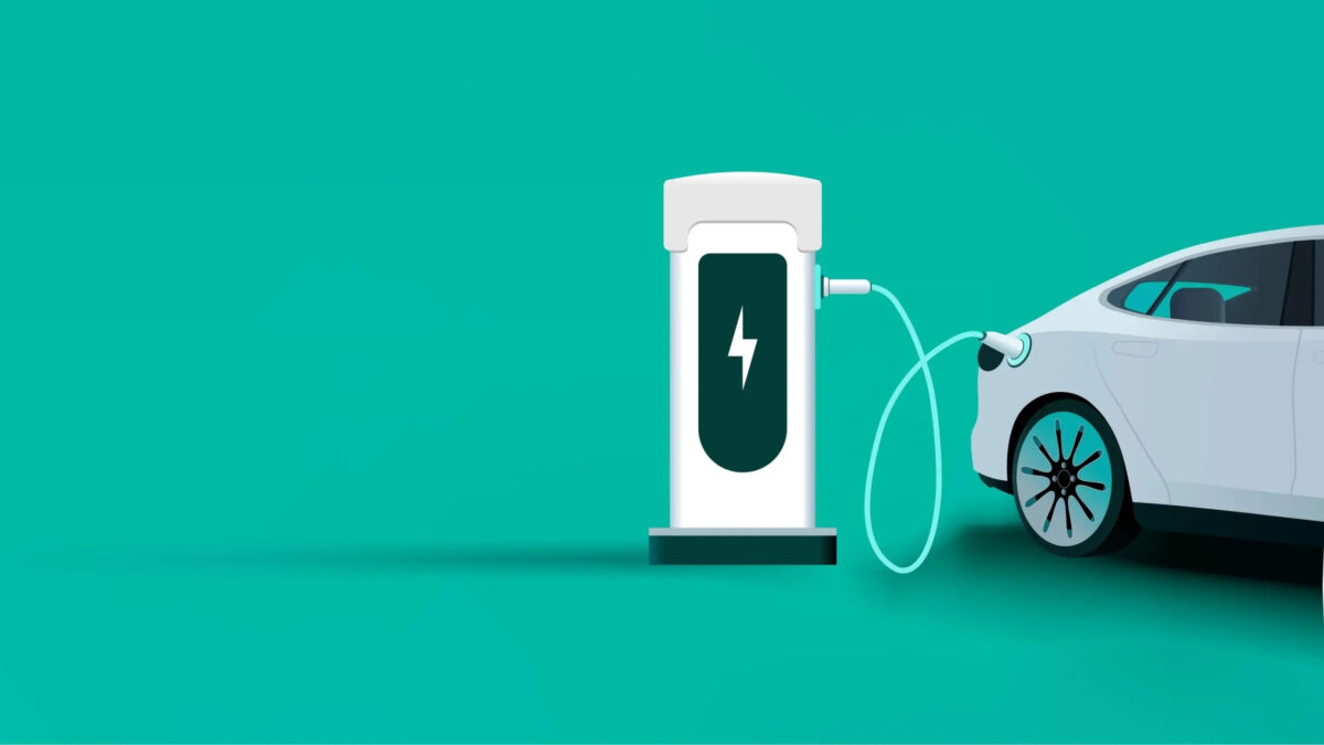 Cartoon of an electric car charging point plugged into an electric car partially off screen