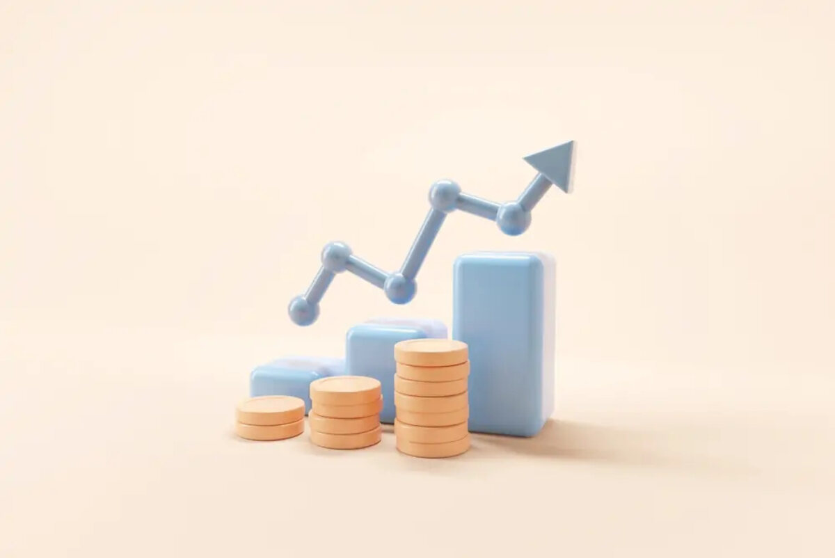 Cartoon of an increasing bar chart with stacks of coins the same height as the bars and an upward-pointing arrow