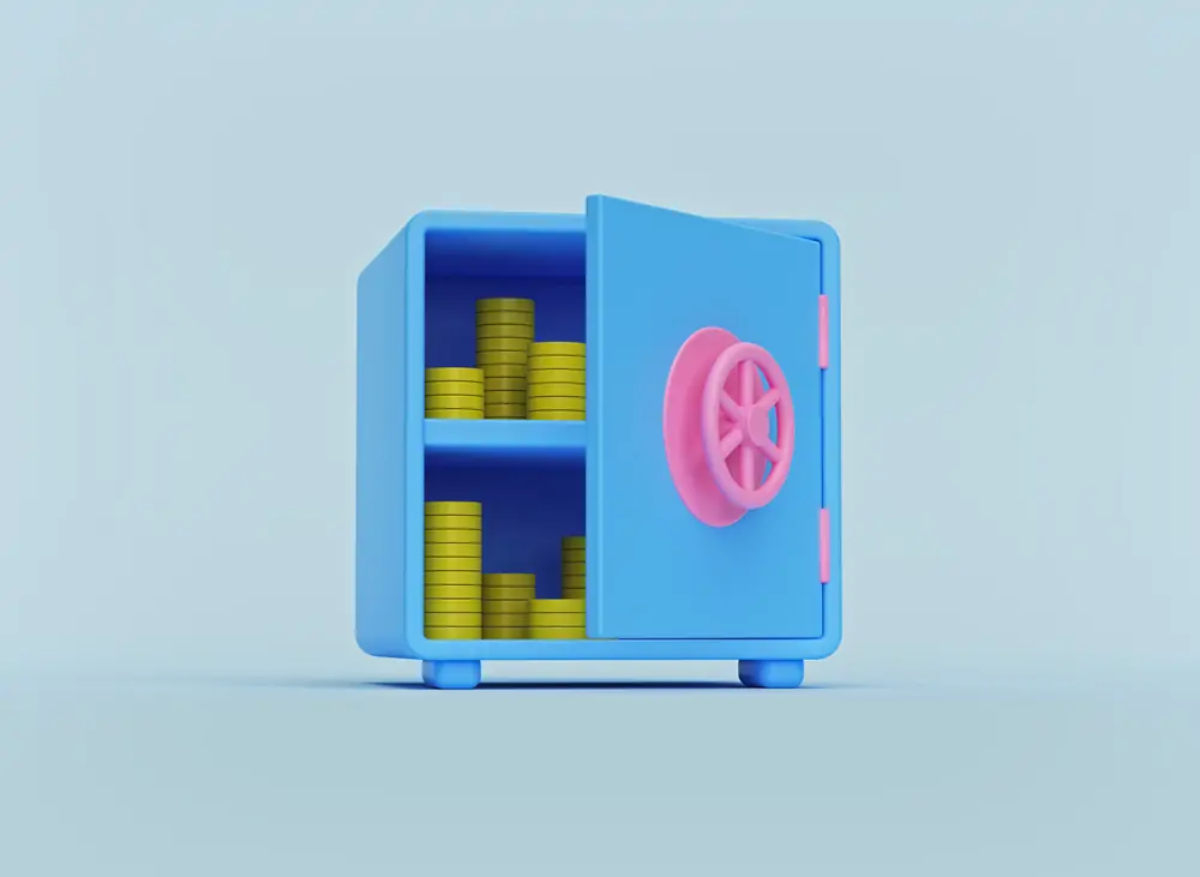 Cartoon of an open safe containing stacks of coins