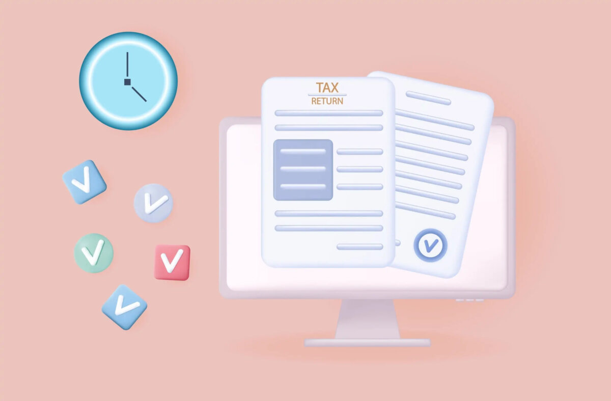 Cartoon of a tax return document coming out of a computer screen next to a clock and tick boxes