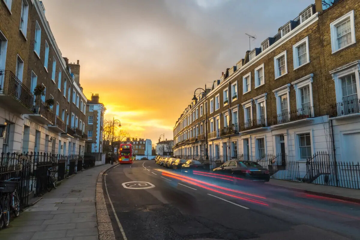 Street of terraced properties in sunset
