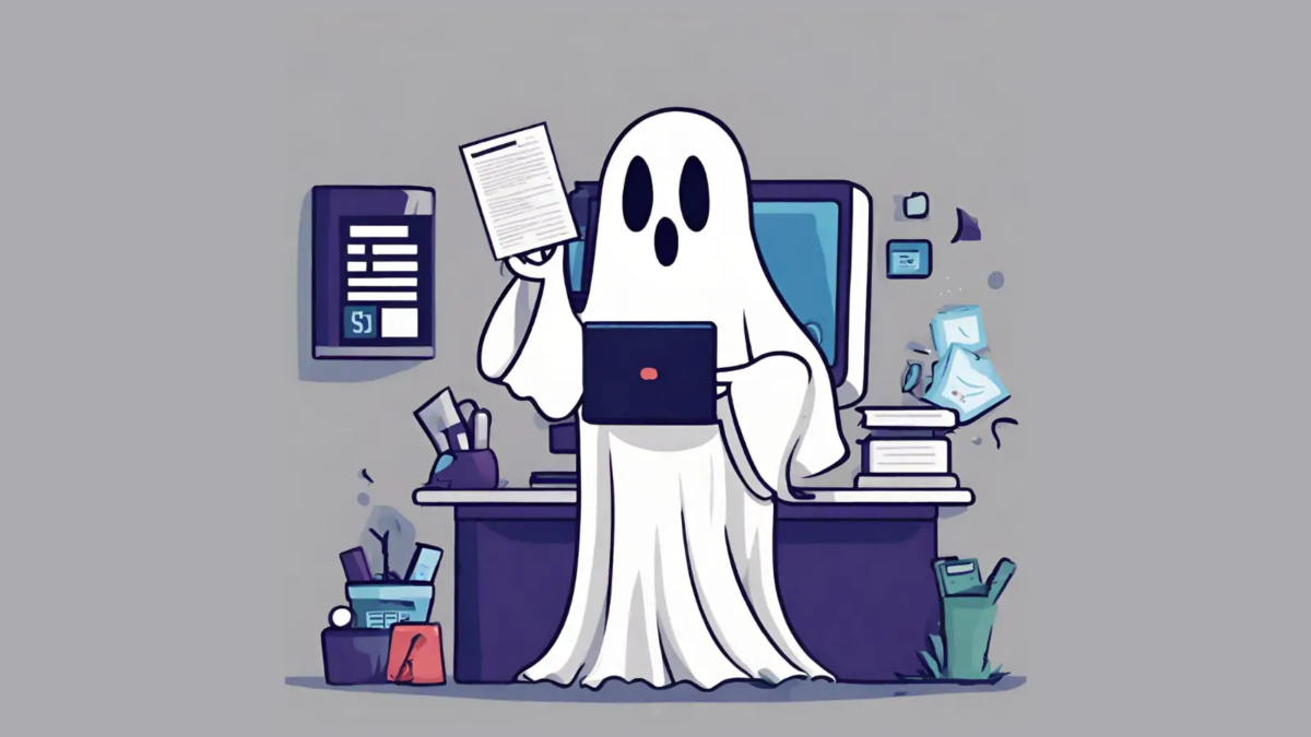 Cartoon of ghost in front of desk holding laptop and document