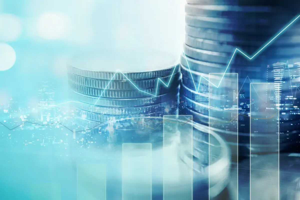 Stacks of coins overlayed with graph images