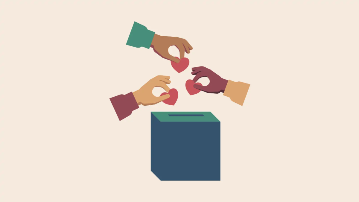 Cartoon of three hands holding hearts above a ballot box