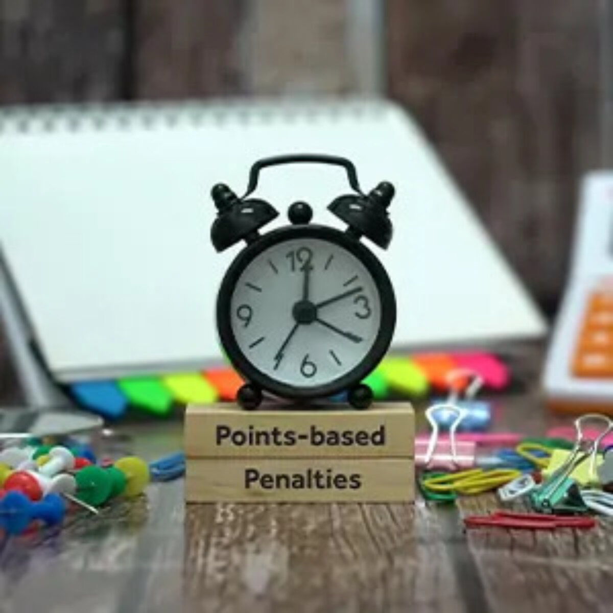 Alarm clock sitting on two wooden blocks which display the words 'Points-based Penalties'