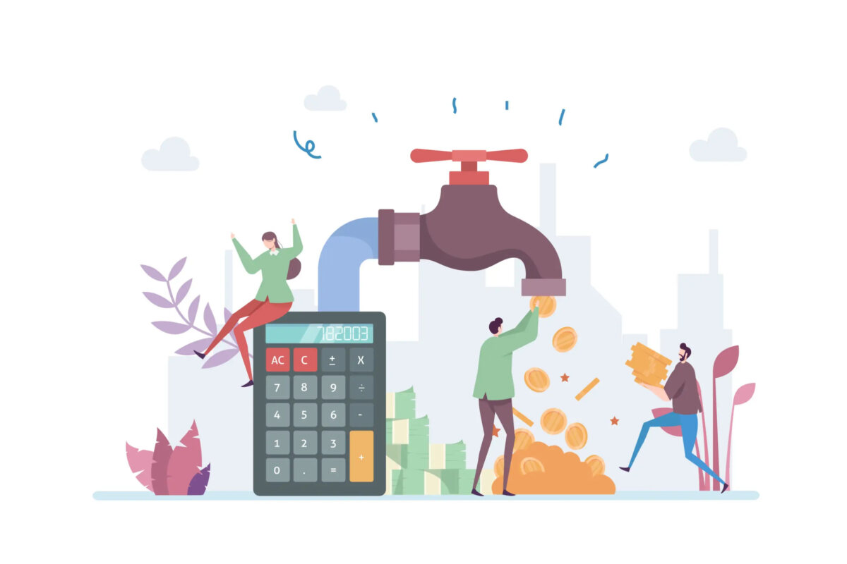 Cartoon of people collecting gold coins from a tap with a calculator in front and wads of cash in background