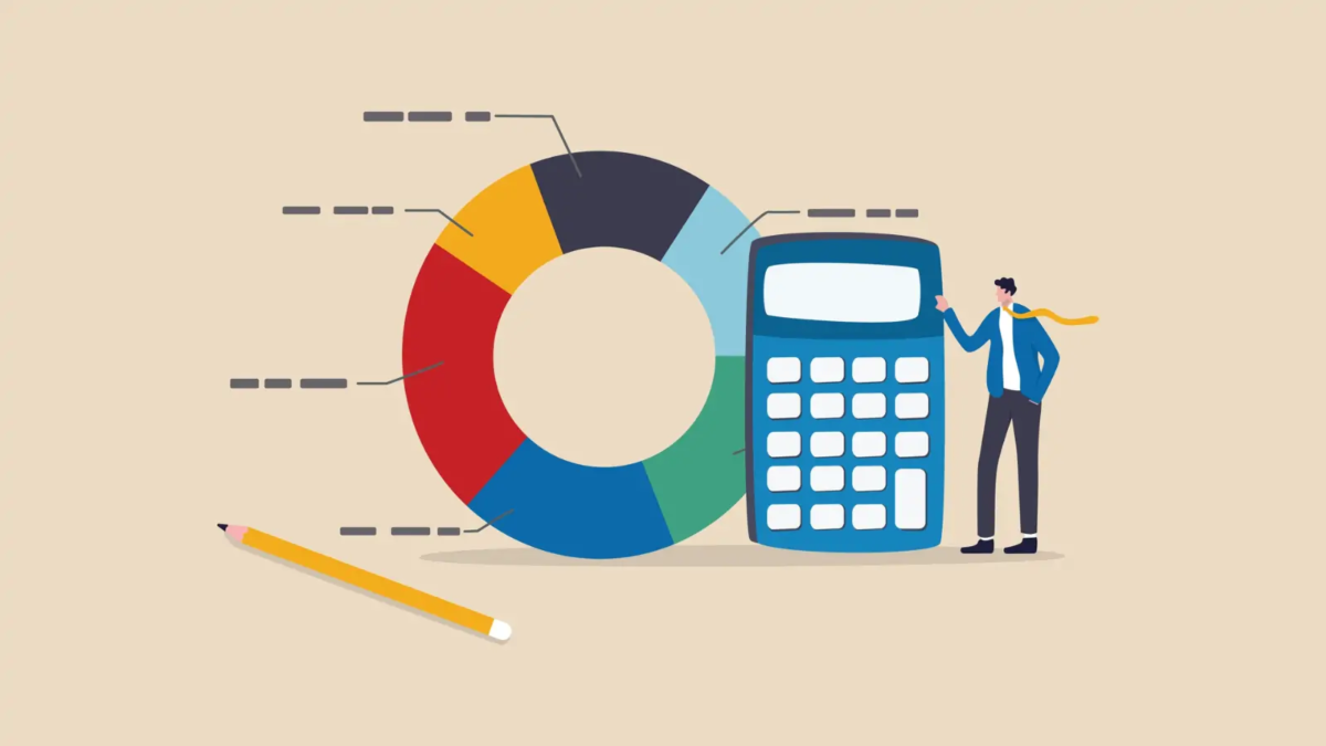 Cartoon of a miniature businessman with his hand on the corner of a calculator, next to a pencil with a pie chart behind