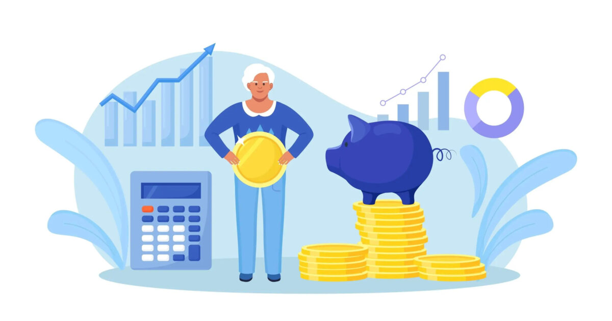 Cartoon of miniature elderly person holding coin standing next to three stacks of coins with a piggybank on top and a calculator, with graphs and charts in background
