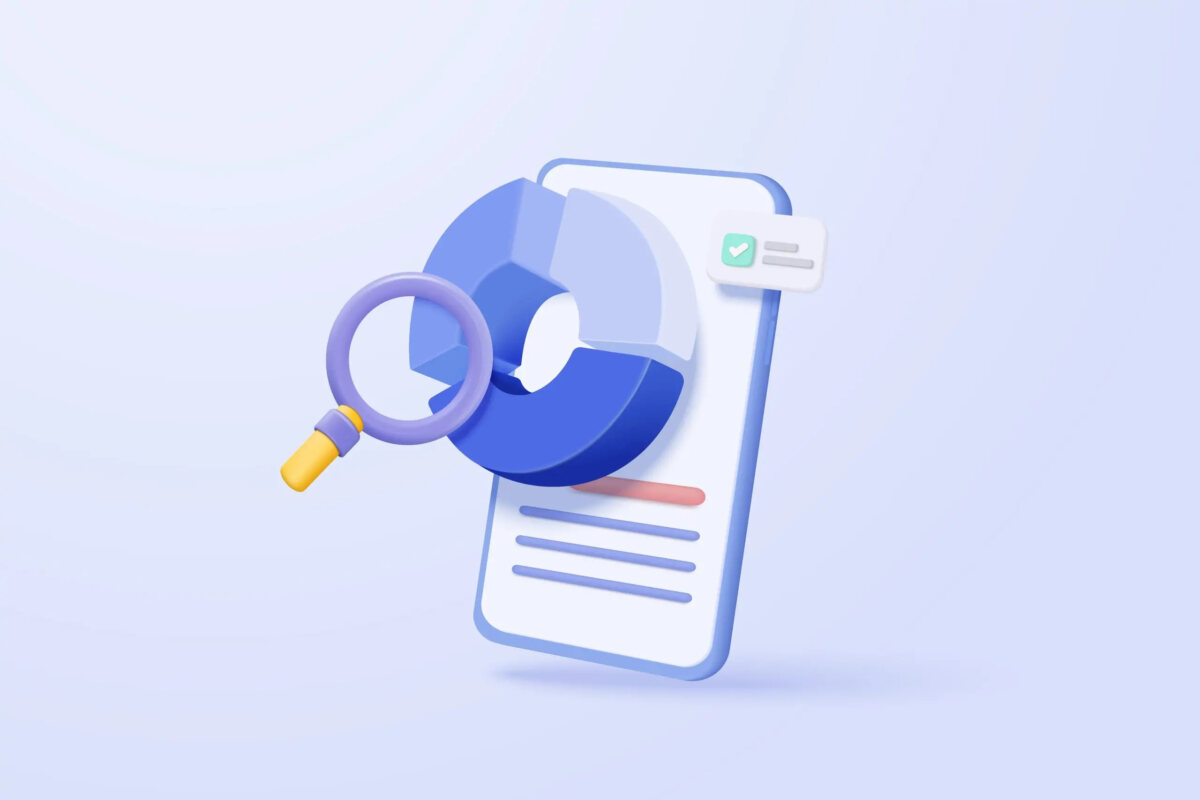 Cartoon of a magnifying glass over a 3D pie chart coming out of a phone screen