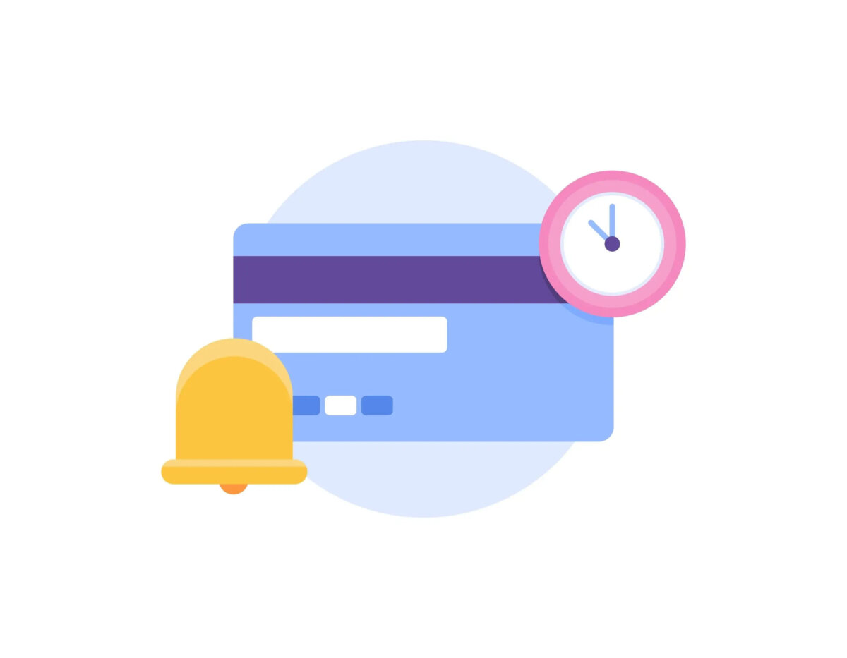 Cartoon of a bank card next to a clock and a bell