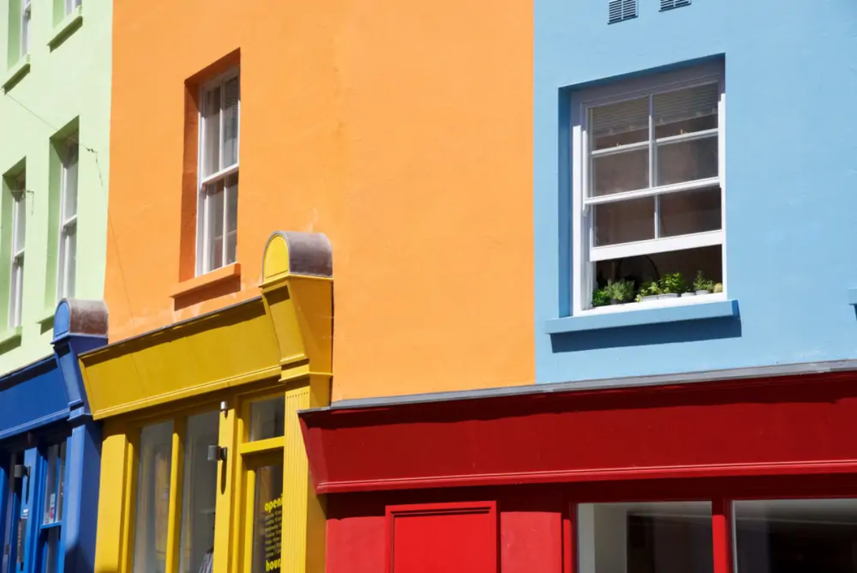 Closeup of brightly-coloured shopfronts