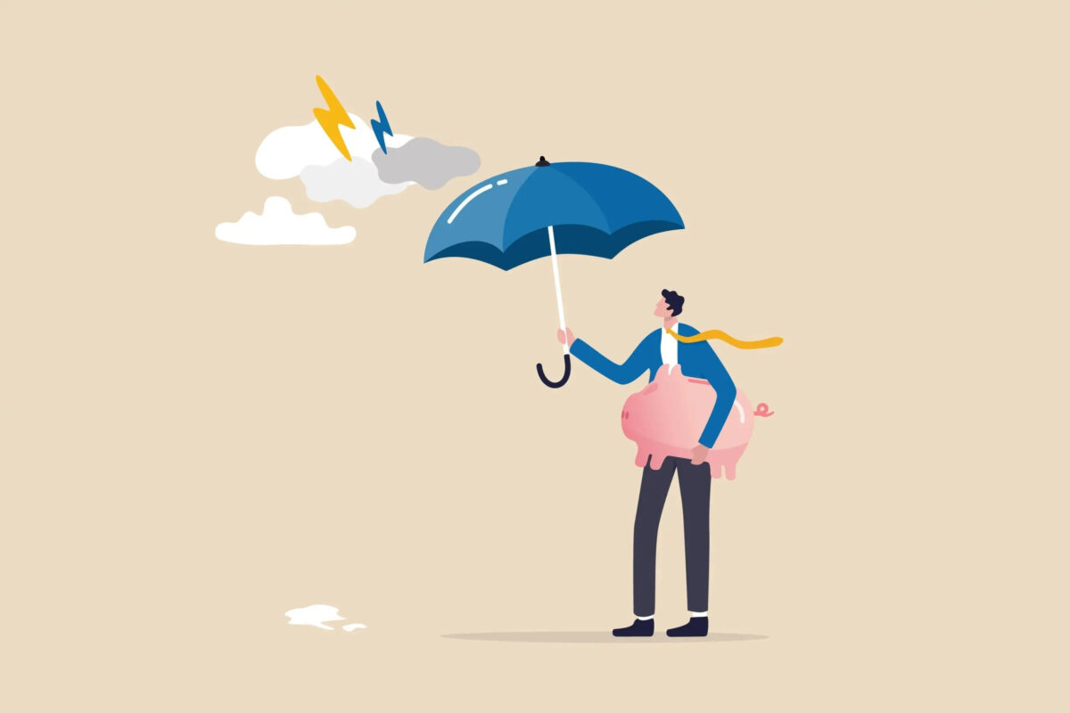 Cartoon of businessman holding large piggybank under arm and an umbrella over head protecting himself from grey clouds and two bolts of lightning