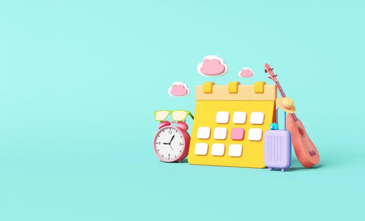 Cartoon of a calendar surrounded by an alarm clock with sunglasses on top, a suitcase, a guitar, a sunhat and clouds